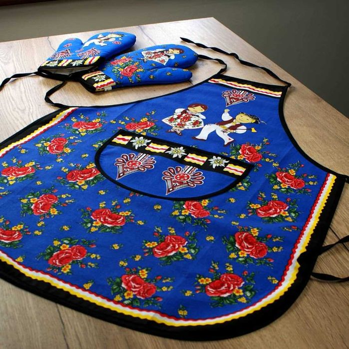 Fartuch Kuchenny Niebieski Folk w Stylu Podhalańskim Fartuch Góralski