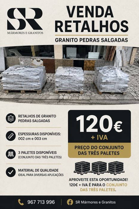 Oportunidade!
Temos para venda 3 paletes de retalhos em Granito