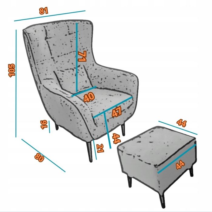 NOWY Fotel uszak skandynawski podnóżek drewniane nóżki