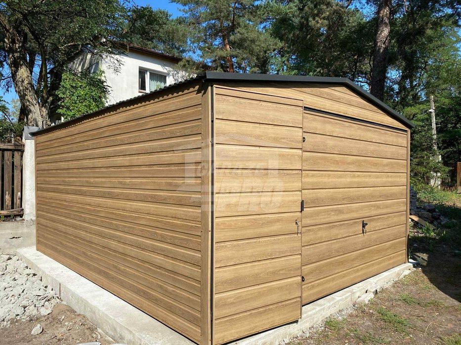 Garaż Blaszany 4x5m Brama uchylna drzwi drewnopodobny dach GP453