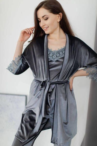 Велюрова жіноча піжама 4 в 1 з мереживом Графіт