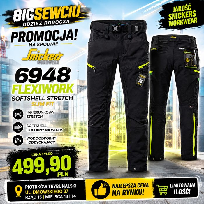 PROMKA! Spodnie softshell stretch Snickers Workwear 6948 FlexiWork, rozmiar 52