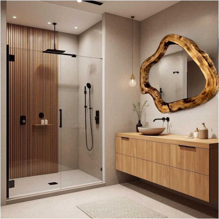 nowoczesne drewniane lustro w designerskim kształcie do łazienki