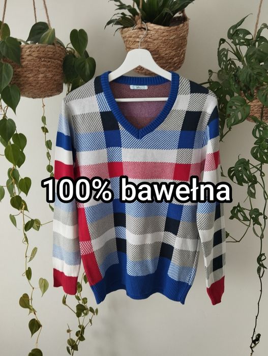 Jesienne, zimowy, bawełniany sweter w kratę, kratka, kolorowy, uniseks