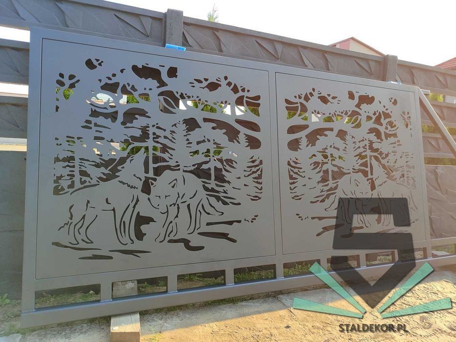 Brama przesuwna 4x1,5m wycinana laserowo, CNC,  panelowa.