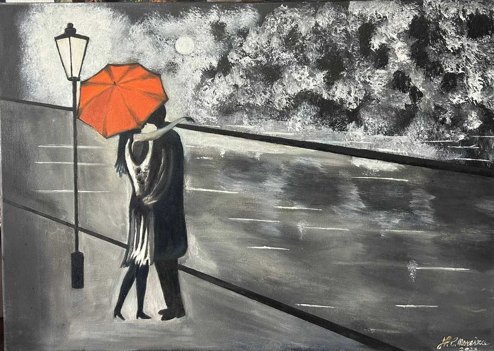 Pintura óleo sobre tela - Amor à chuva