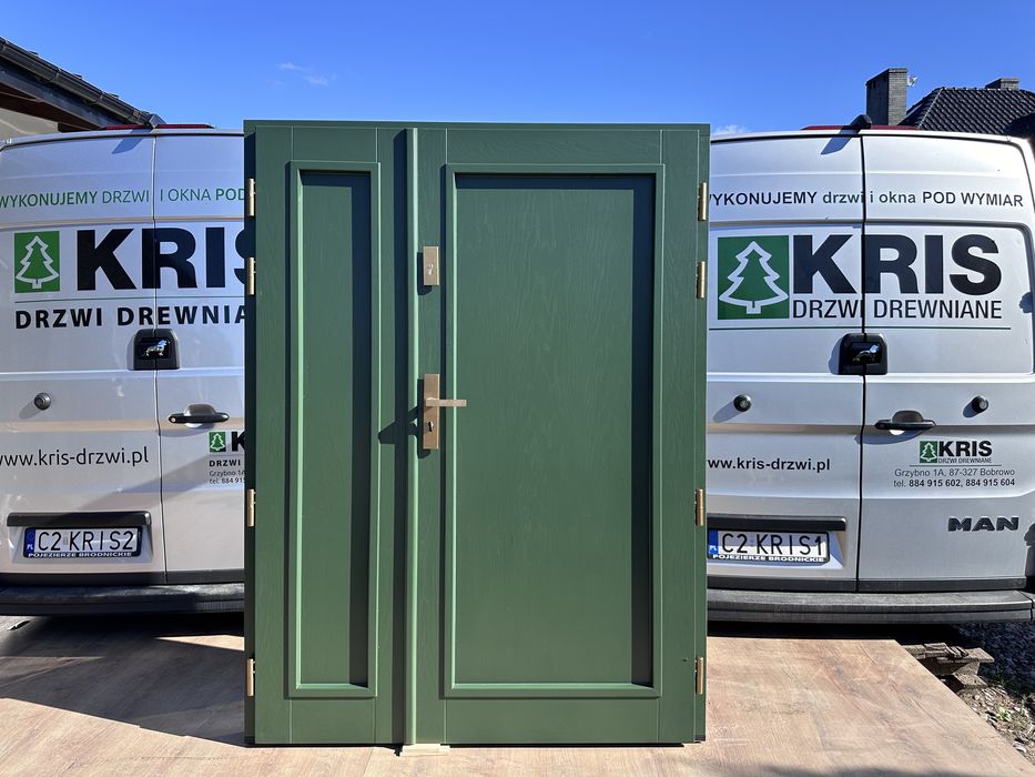 Drzwi zewnętrzne drewniane dwuskrzydłowe zielone Czyste powietrze