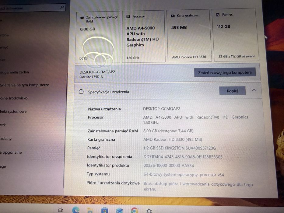 Laptop Toshiba  Satellite l75d-a7283, 17.3 cali, stan bardzo dobry