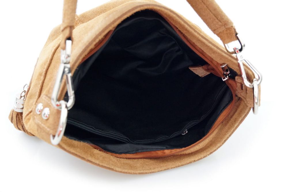 VERA PELLE torebka damska zamszowa worek z frędzelkami V322 bordowa