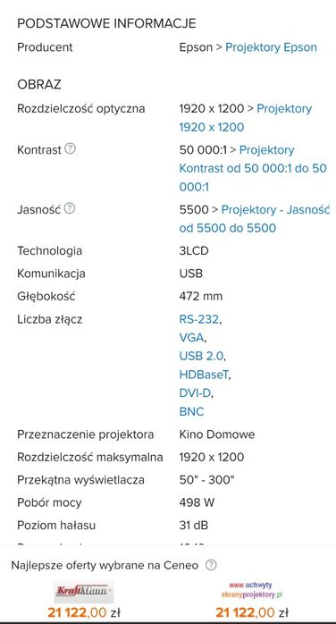 Epson EB-G7400U 4K (Pixel shift), 5500 lumenów kontrast 50000