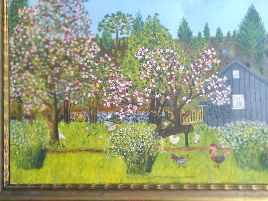 Stary  Uroczy Sielski Obraz Wiejska Zagroda Kury