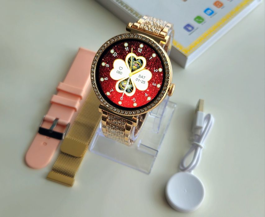Luksusowy Smartwatch złoty zegarek damski + 3 paski