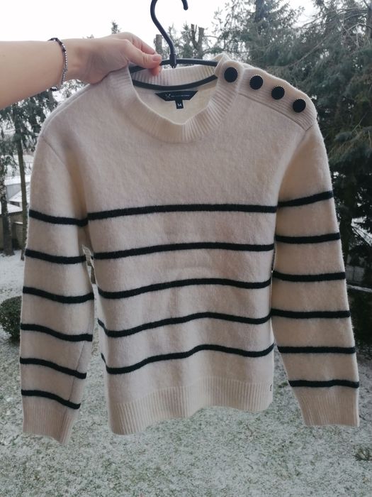 Sweter Crew Clothing 80% Wełna Lambswool Paski Breton Navy