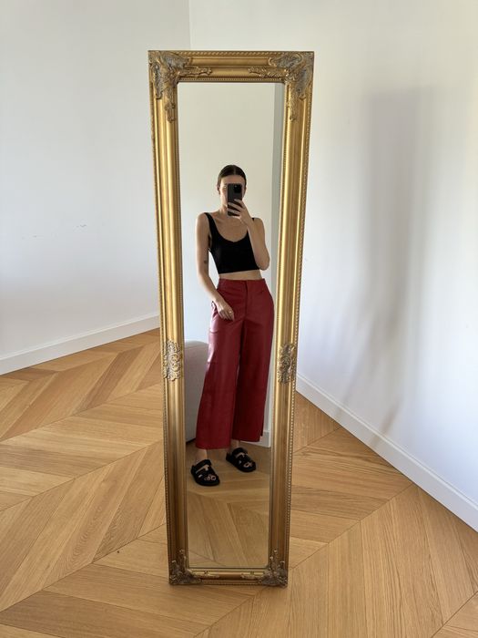 Nanushka oryginalne spodnie skórzane S wysoki stan dzwony 36