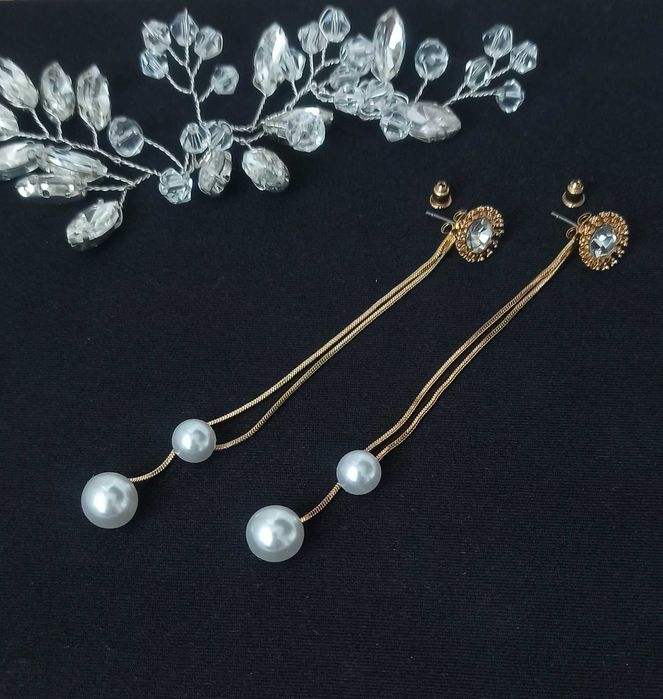 Kolczyki perełki na łańcuszku z cyrkonią kolor złoty