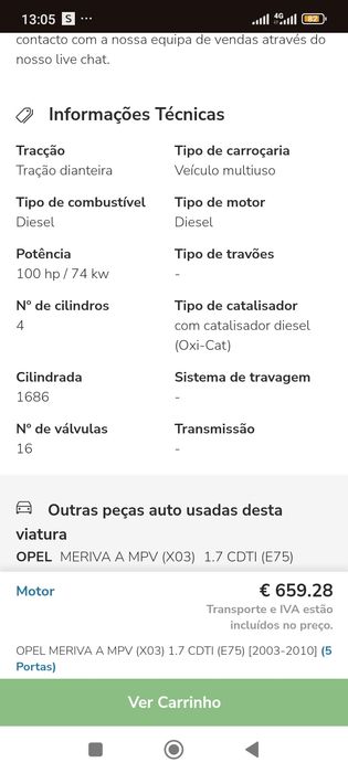 Motor ou peças Opel Meriva 1.7 cdti