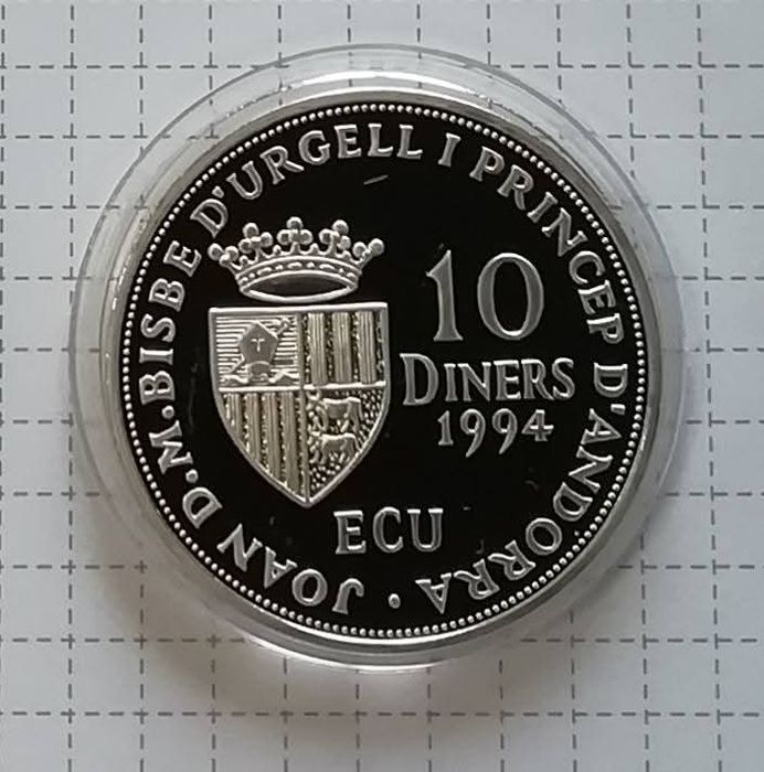 Андорра 10 дінерів 1994р. Членство Андорри в ООН. СРІБЛО. Сертифікат.