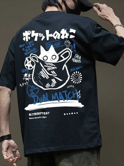 T-shirt Preta Confortável com Desenho de Gato, NOVO sem uso64730013948289120