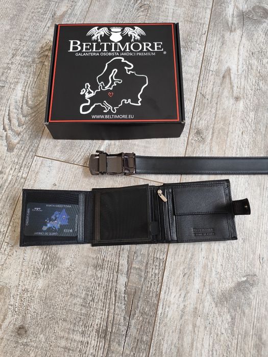 Zestaw nowy prezent męski skórzany pasek i portfel czarny pudełko 110