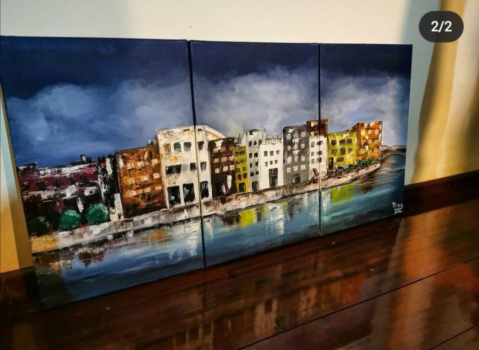 Conjunto de 3 quadros pintura óleo