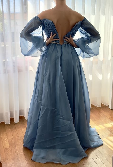 Vestido comprido de festa / cerimónia azul alta costura Maria França