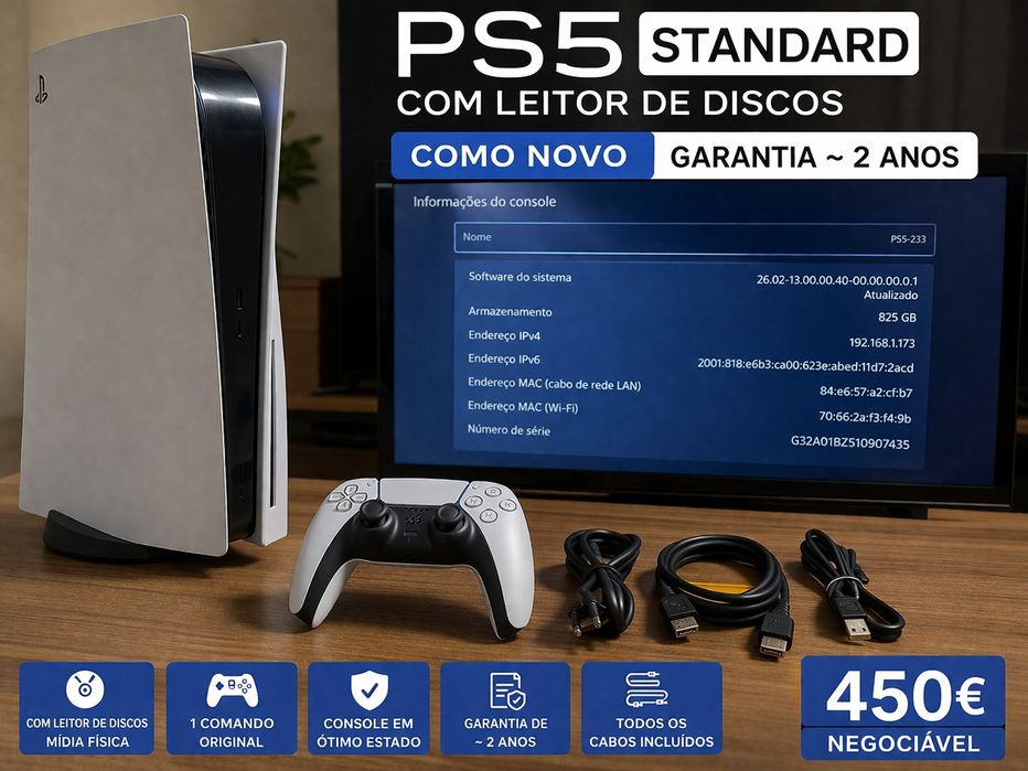 PS5 Standard (Leitor) + Comando | Como Novo | Garantia
