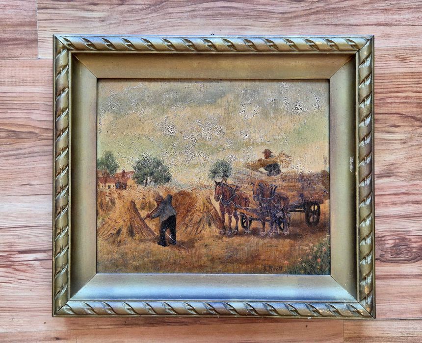 Żniwa Stary obraz olej na desce sygnowany vintage