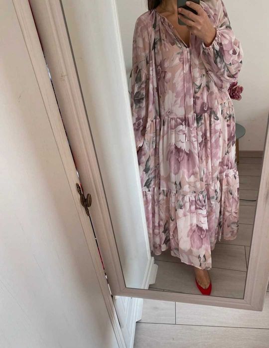 H&M długa maxi luźna oversize sukienka w kwiaty róż Boho XL/XXL