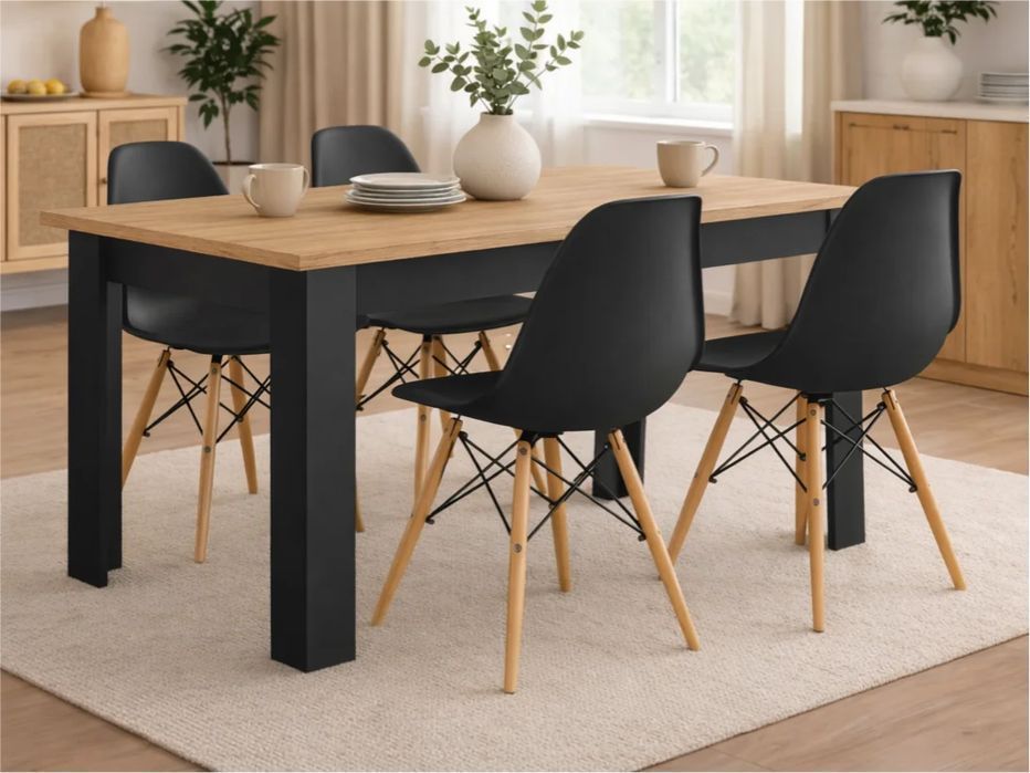 NOWY Stół z Krzesłami do Jadalni Kuchni Salonu Drewniany Craft Czarny 120x80 cm Stół i Krzesła Skandynawskie Meble Do Domu Kuchenny OKAZJA! Faktura