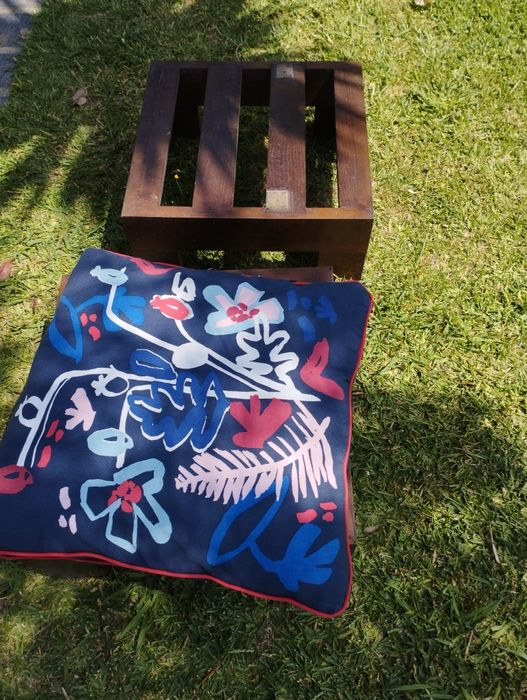 Dois bancos de jardim com almofadas.