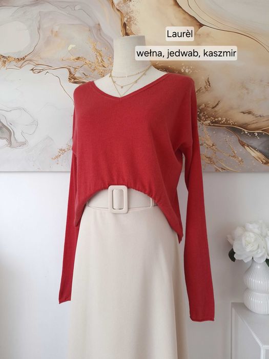 Cienki Sweter Malinowy Czerwony Laurel Wełniany Jedwabny Kaszmirowy M