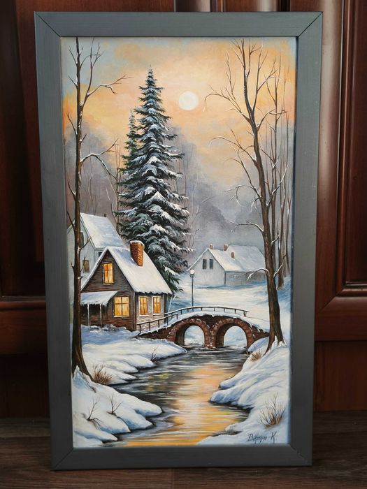 Картина "Зимовий пейзаж" в рамі, полотно, масло, 25х45 см