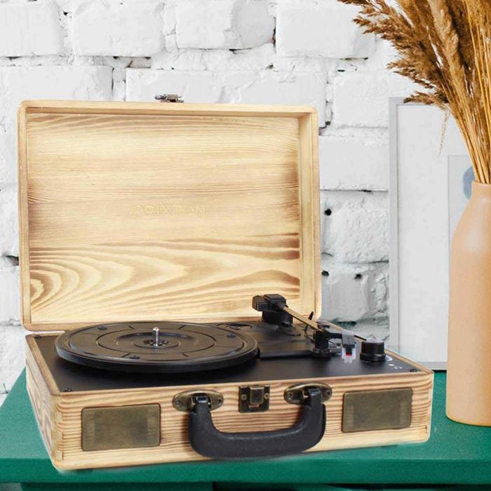 Gira discos mala em madeira Bluetooth e USB Giradiscos