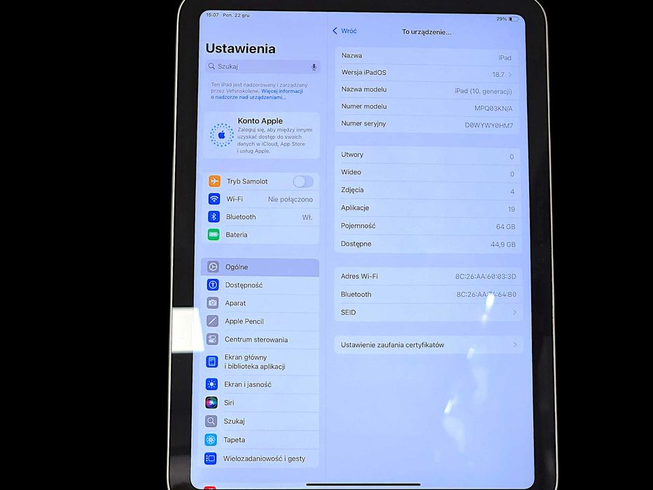 iPad (10. generacji) 10,9" | 64GB | Wi-Fi – Blokada MDM / Nadzór