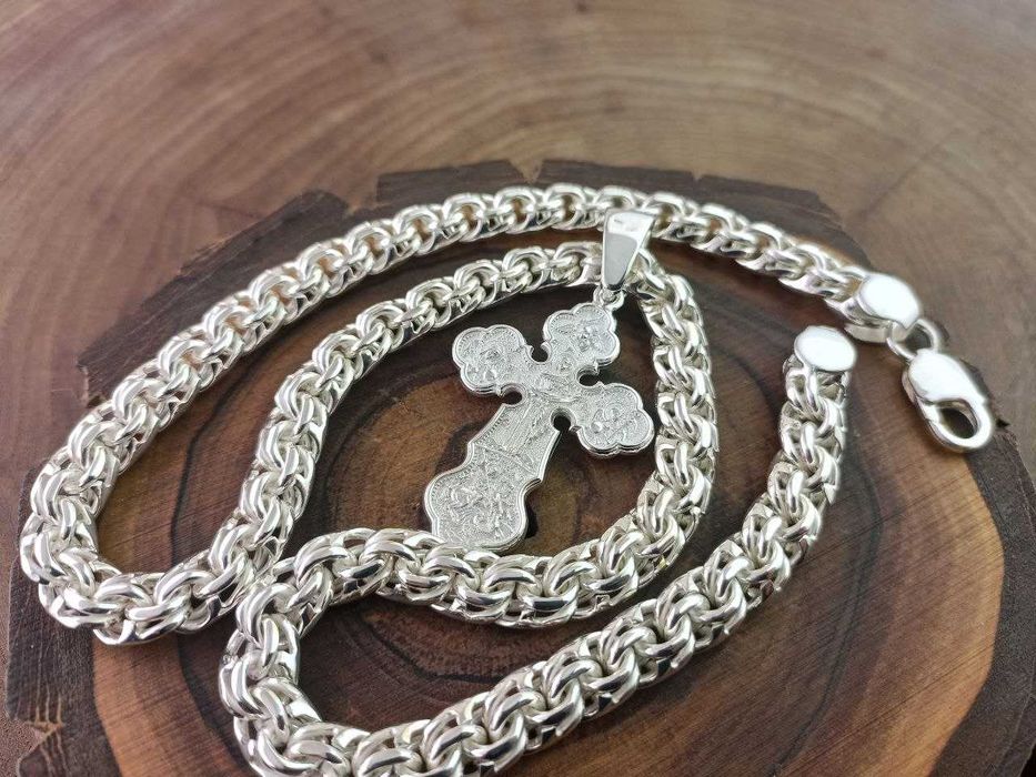 Серебряная цепочка Бисмарк, крестик. Срібний ланцюг Бісмарк+хрестик