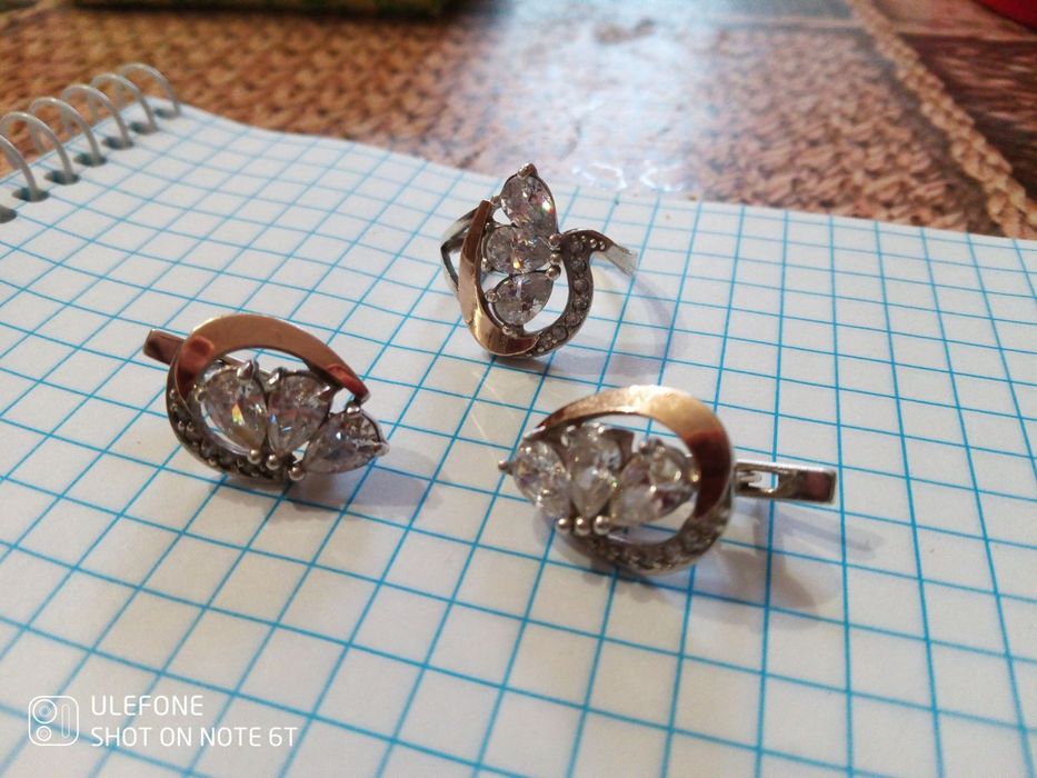 Срібний набір, з золотими пластинами, сяючі фіаніти,925