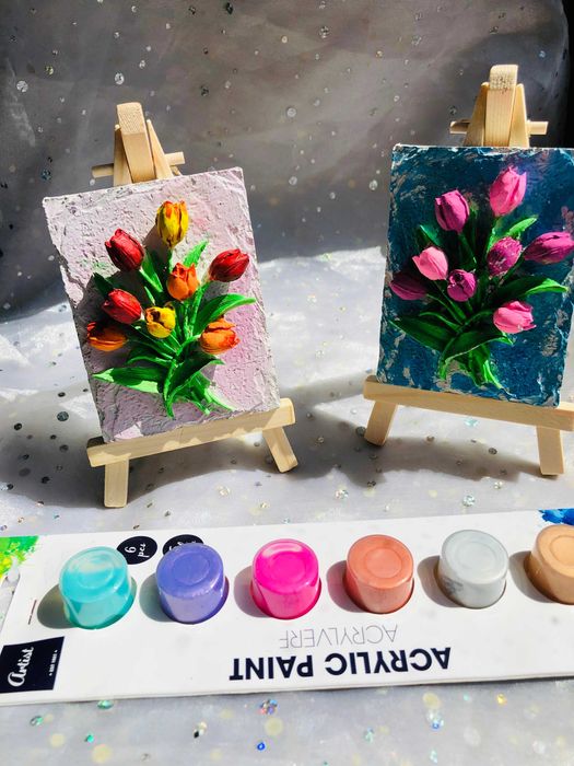2 x Gipsowe tulipany na drewnianej sztaludze do pomalowania z farbkami