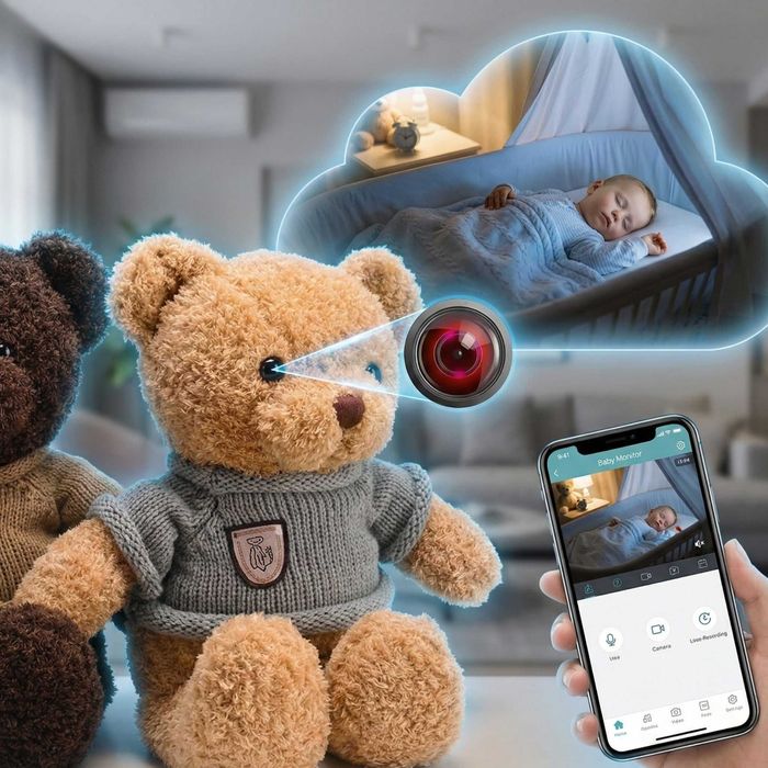 Kamera wifi szpiegowska w butelce pluszaku w oku misia w torebce