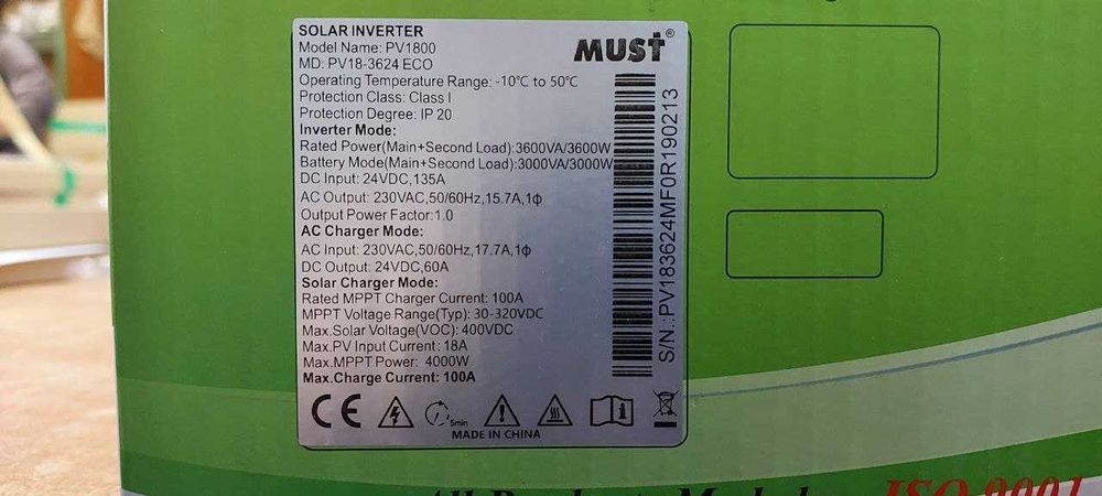 Гібридний інвертор Must PV18-3624ECO 24V 3.6 Квт