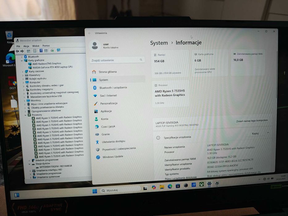 GAMINGOWY Laptop ASUS TUF 15.6"R5 12x4.55Ghz16GB,RTX4050/140W-6GB/GW27