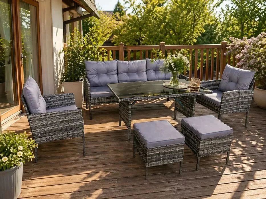 NOWY Duży Zestaw Mebli Rattanowych 6 lub 7 osobowy Ogrodowy Komplet Jadalniany Na Taras Do Ogrodu Ciemnoszary Stół Sofa Fotel Pufy Dla Całej Rodziny!
