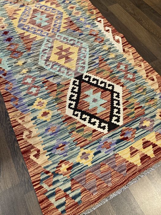 Tapete Kilim oriental feito à mão em lã natural 307x83cm - Novo