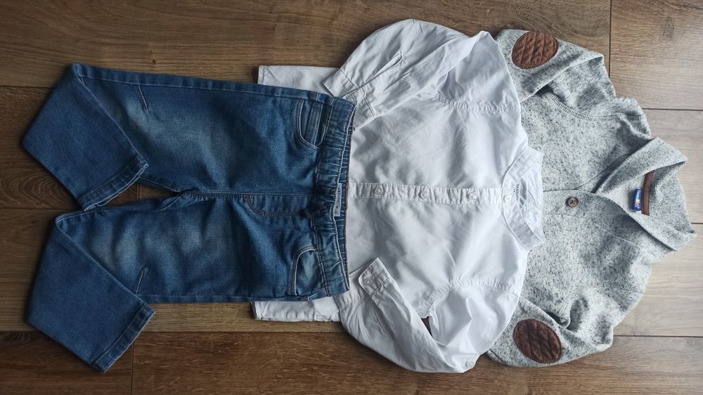 Elegancka komplet chłopięcy, koszula jeansy sweterek