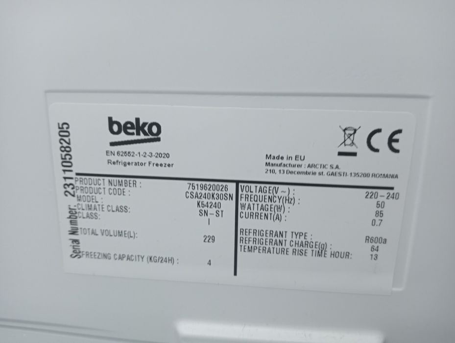 Lodówka Beko CSA240K30SN z zamrażalnikiem dolnym Srebrna