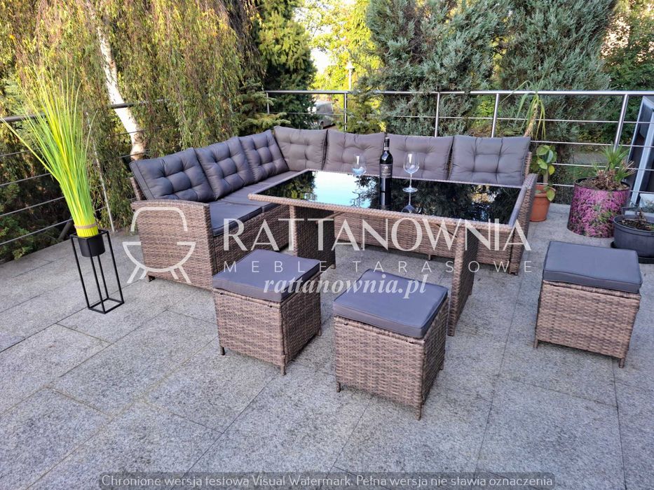 Narożnik Ogrodowy Zestaw Mebli Ogrodowych Narożnik i Pufy na Taras