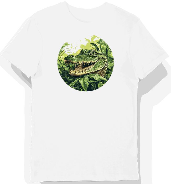 Koszulka męska biała z motywem zielonej krokodyla w dżungli M