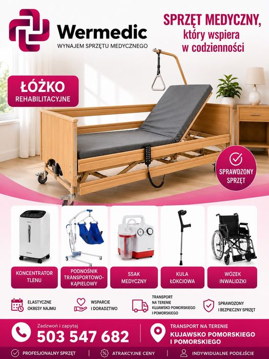 Łóżko rehabilitacyjne elektryczne medyczne z materacem. Transport, montaż. GRUDZIĄDZ