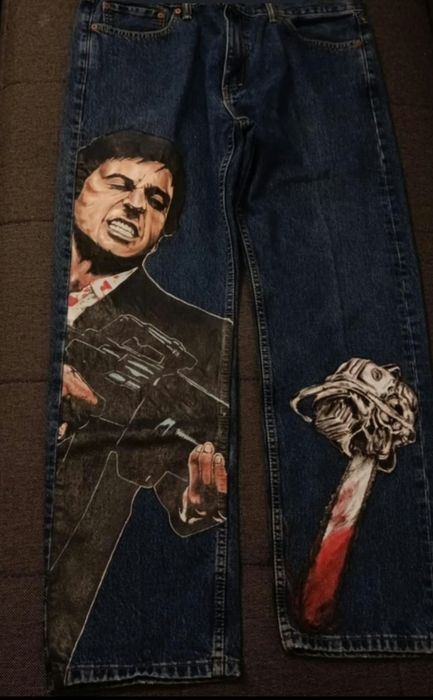 Spodnie Jeans Ręcznie Malowane Scarface Tony Montana Unikat