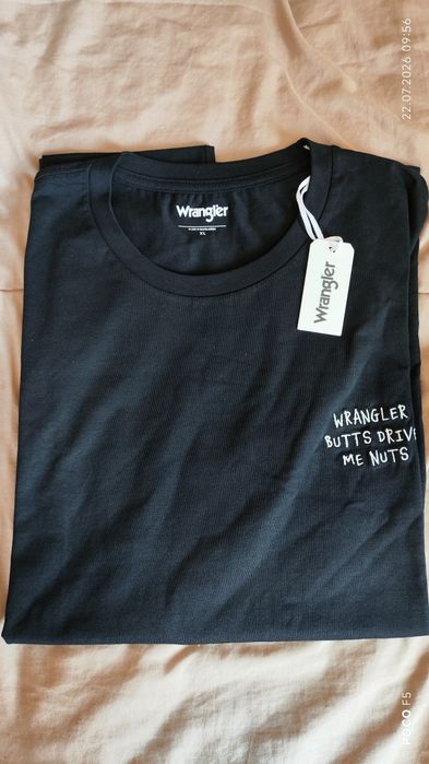 Wrangler czarny t-shirt rozm XL jak XXXL 3XL haftowane hasło reklamowe