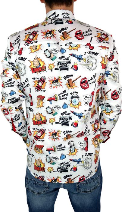 DANIEL BESSI Koszula Męska Fb042 Biała, KOMIKS Kolorowy, Wesoła